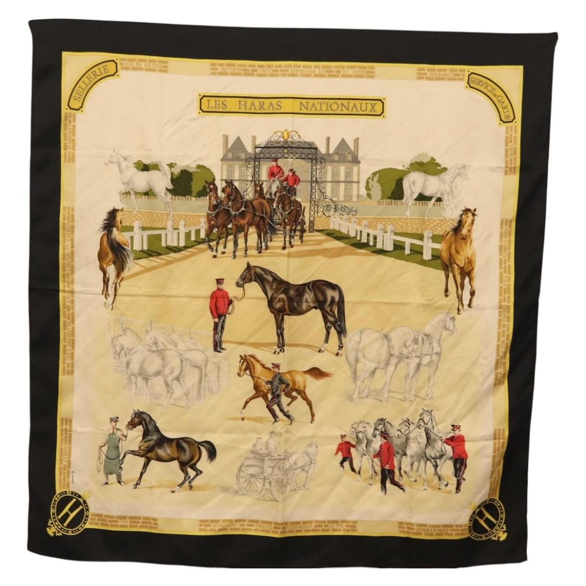 HERMES Carre 90 Scarf ""LES HARAS NATIONAUX"" Silk Black Auth 207510