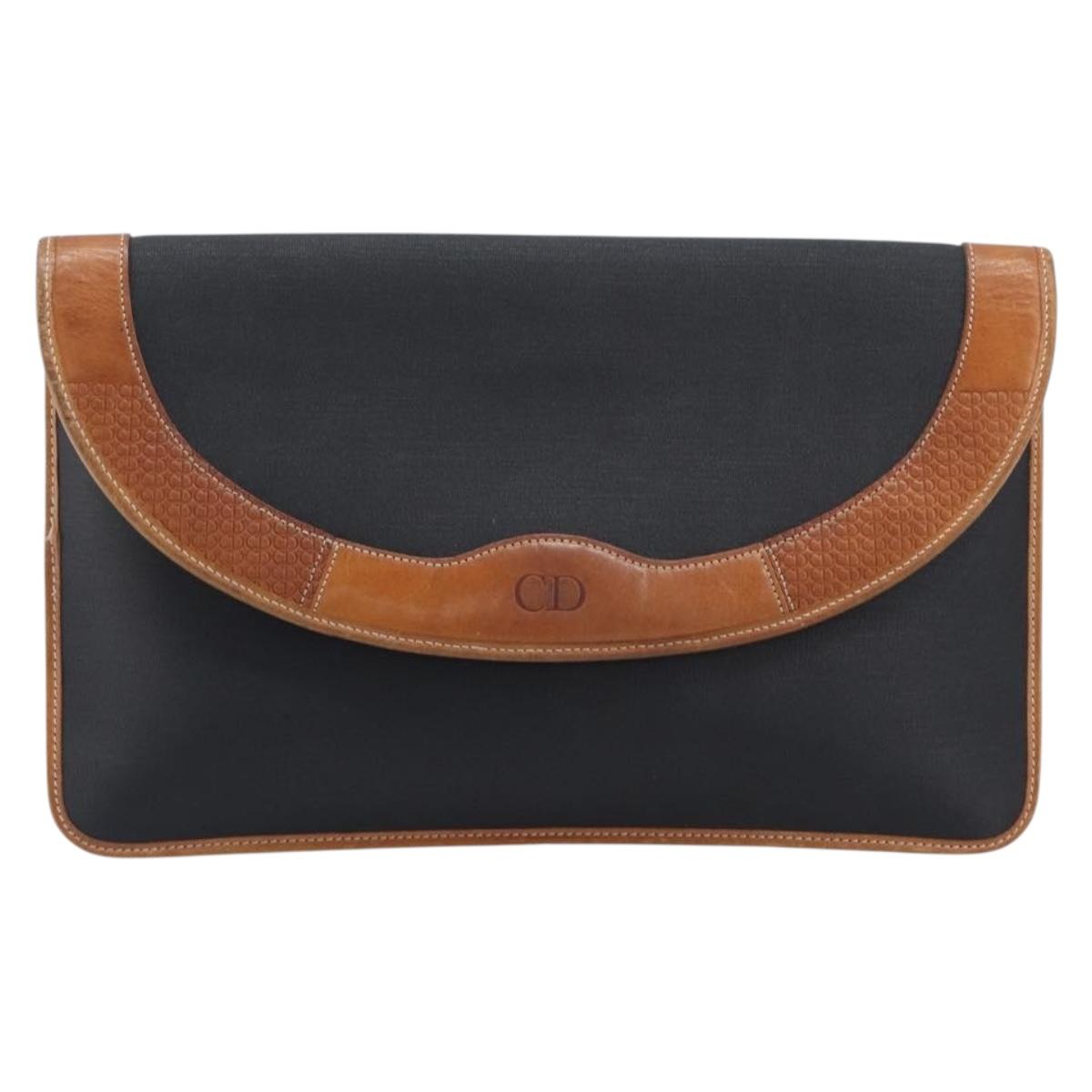 Christian Dior Clutch Bag Canvas Black Gold Auth 207523