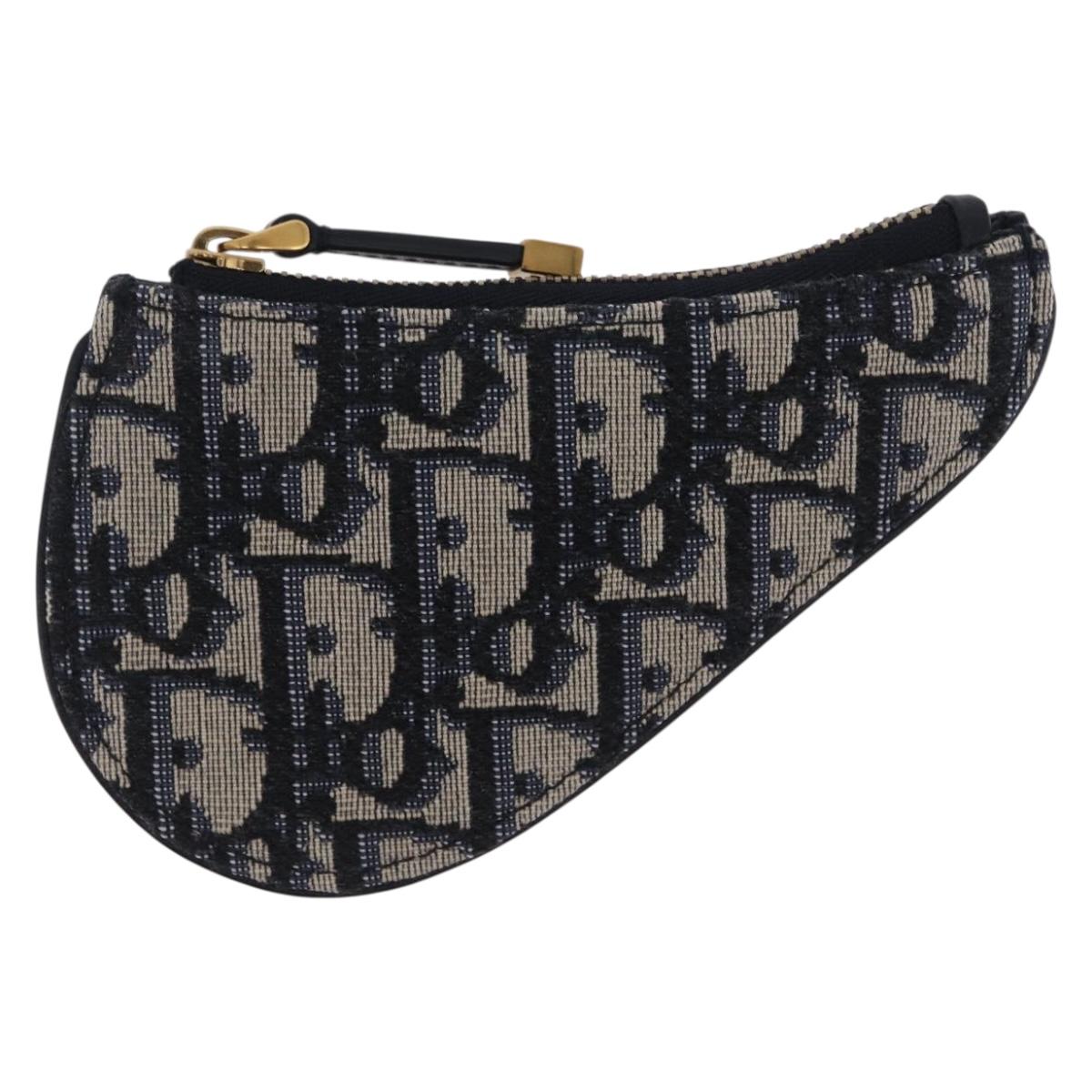 Christian Dior Trotter Canvas Saddle Coin Purse Navy Gold Auth 207530M