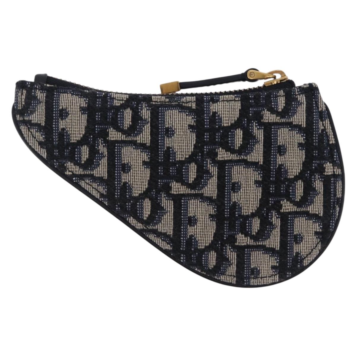 Christian Dior Trotter Canvas Saddle Coin Purse Navy Gold Auth 207530M