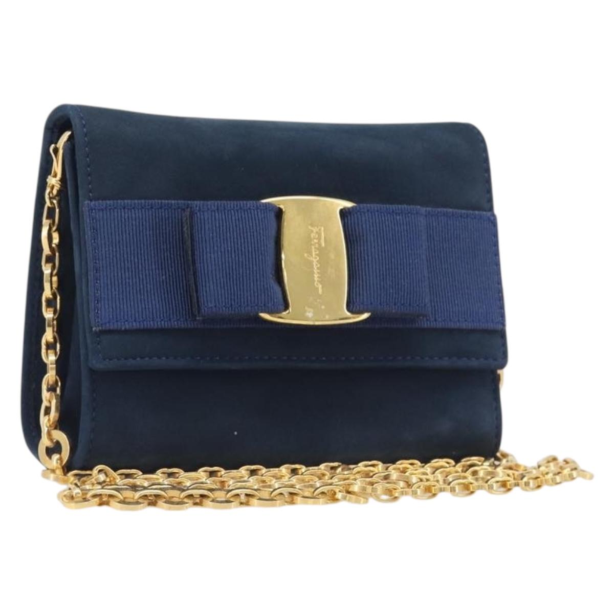 Salvatore Ferragamo Vala Chain Shoulder Bag Suede Navy Gold Tone Auth 207538