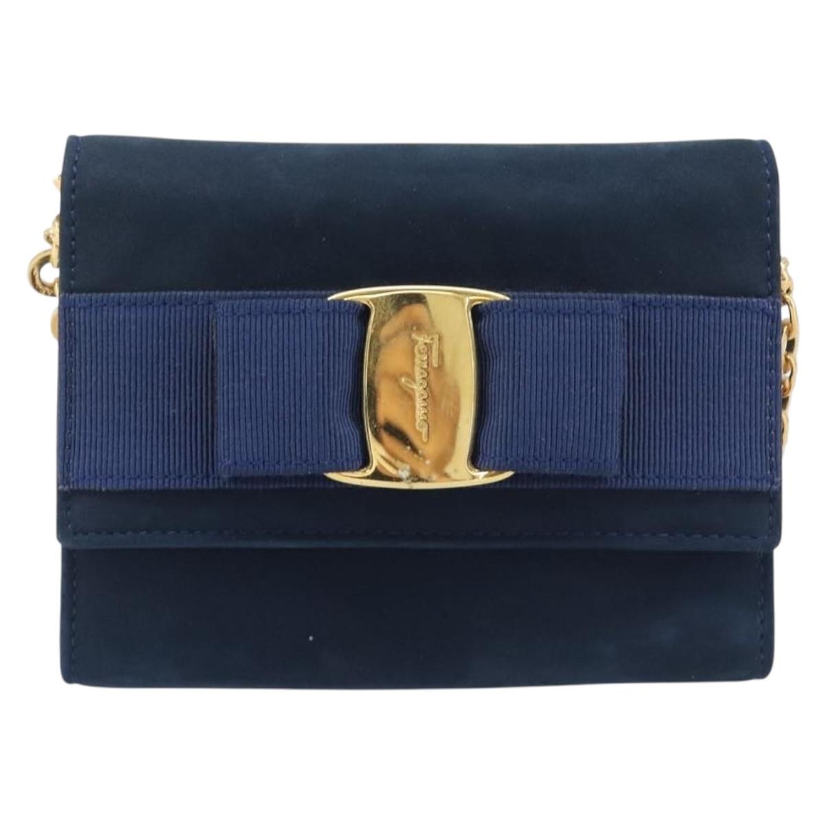Salvatore Ferragamo Vala Chain Shoulder Bag Suede Navy Gold Tone Auth 207538