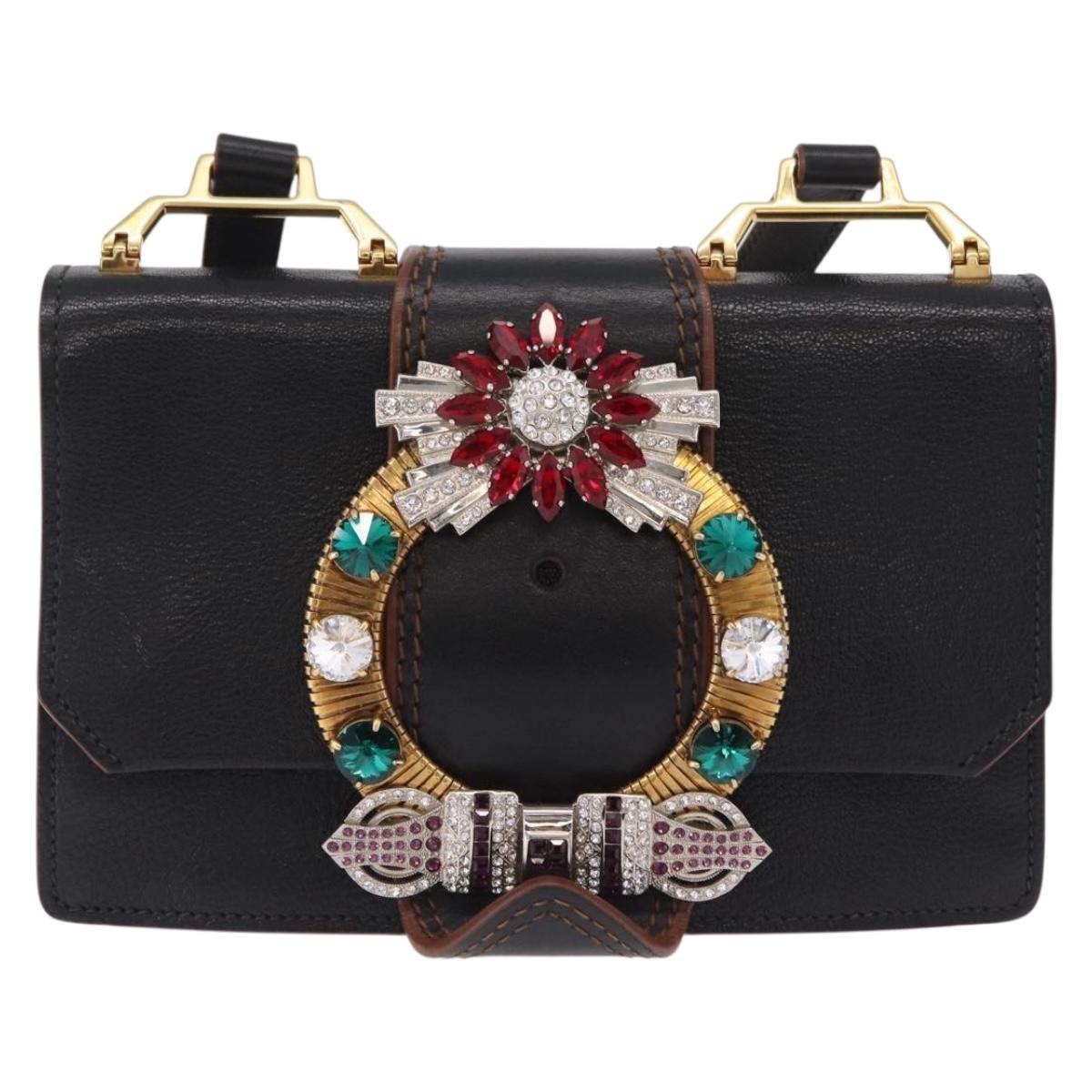 Miu Miu Madras Shoulder Bag Leather Black Gold Tone Auth 207539M