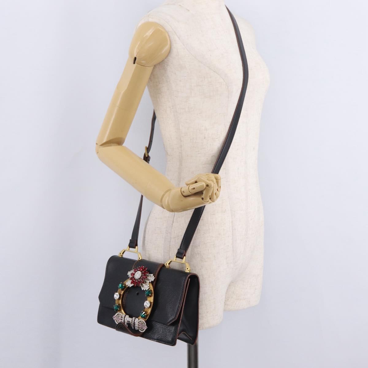 Miu Miu Madras Shoulder Bag Leather Black Gold Tone Auth 207539M