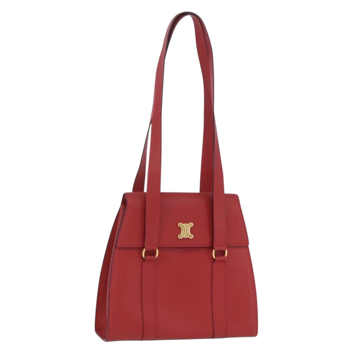 CELINE Tote Bag Leather Red Gold Tone Auth 207551