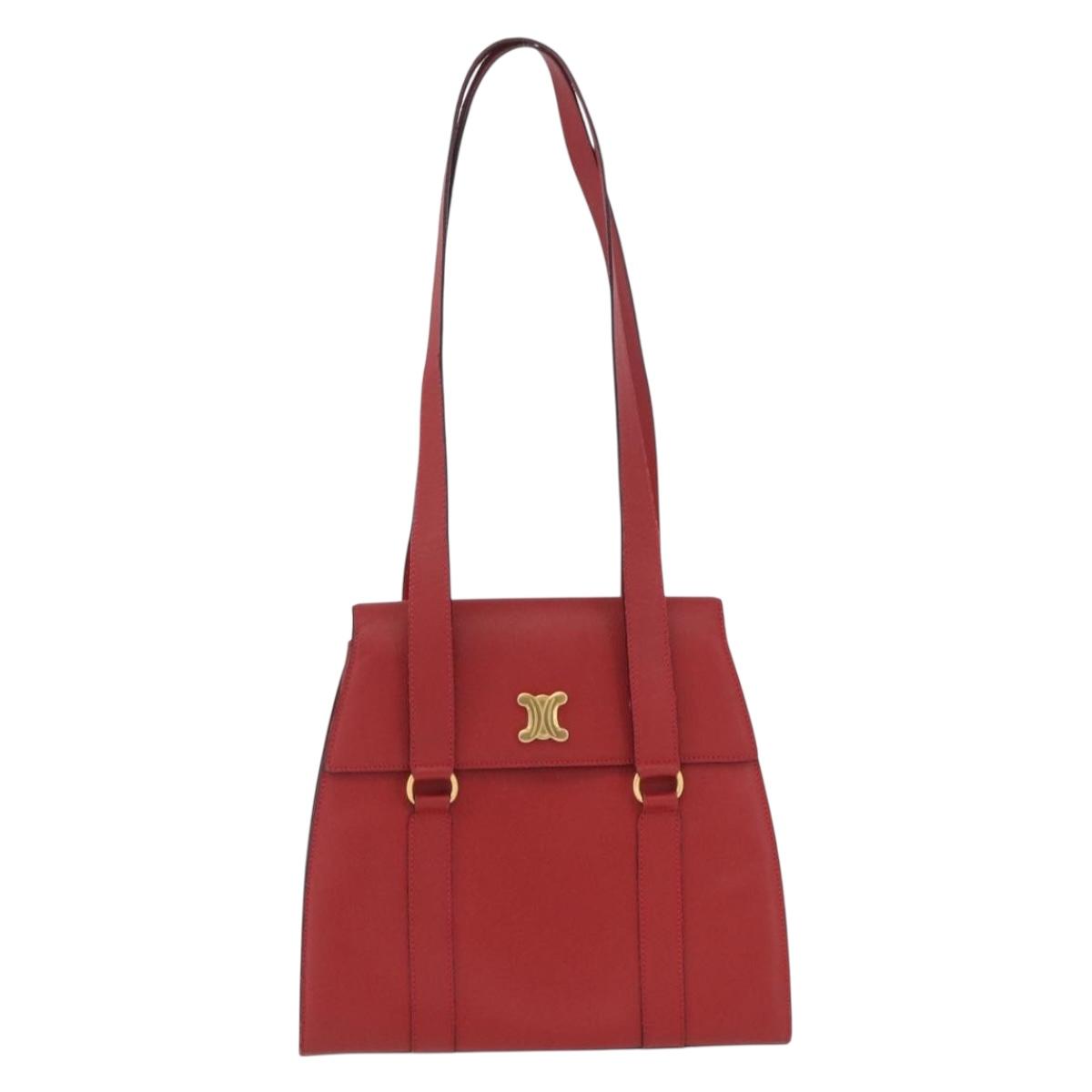 CELINE Tote Bag Leather Red Gold Tone Auth 207551