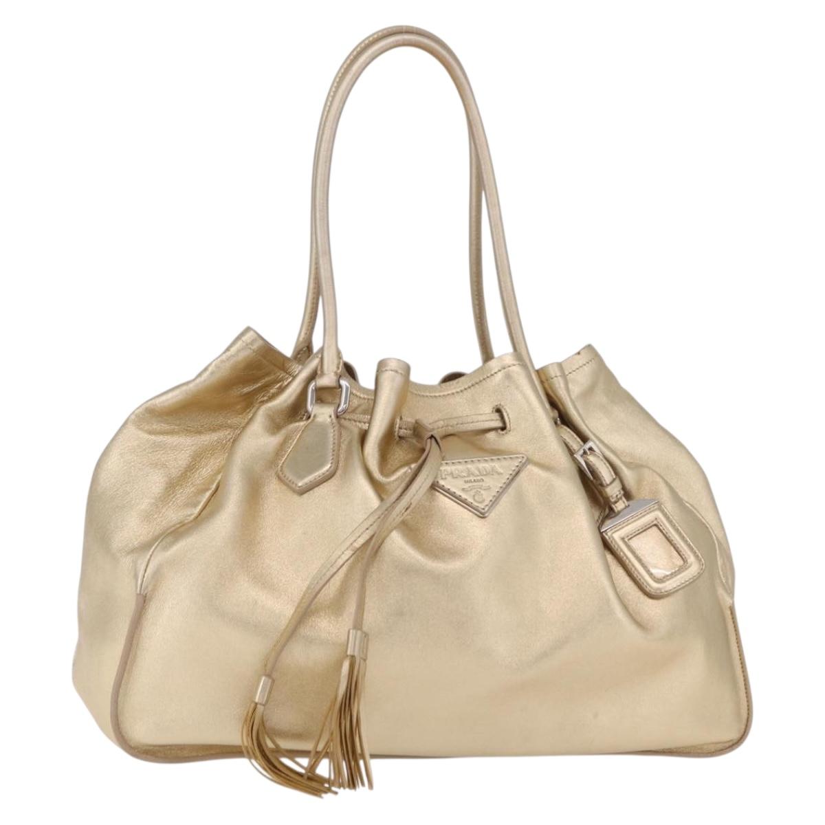 PRADA Tote Bag Leather Gold Silver Auth 207552A
