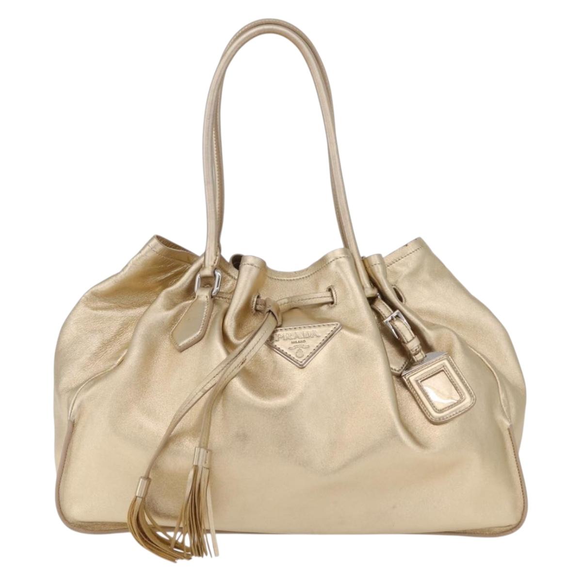 PRADA Tote Bag Leather Gold Silver Auth 207552A