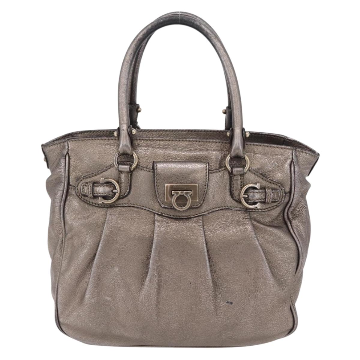 Salvatore Ferragamo Gancini Hand Bag Leather Silver Auth 207554A