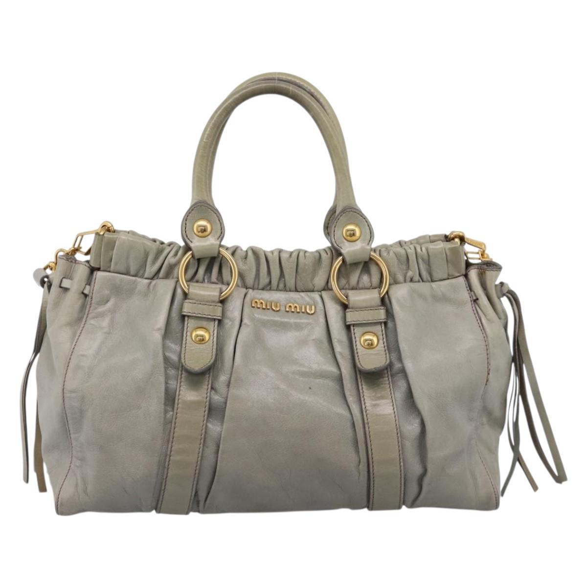 Miu Miu Vitellolux Hand Bag Leather 2way Gray Gold Tone Auth 207557V