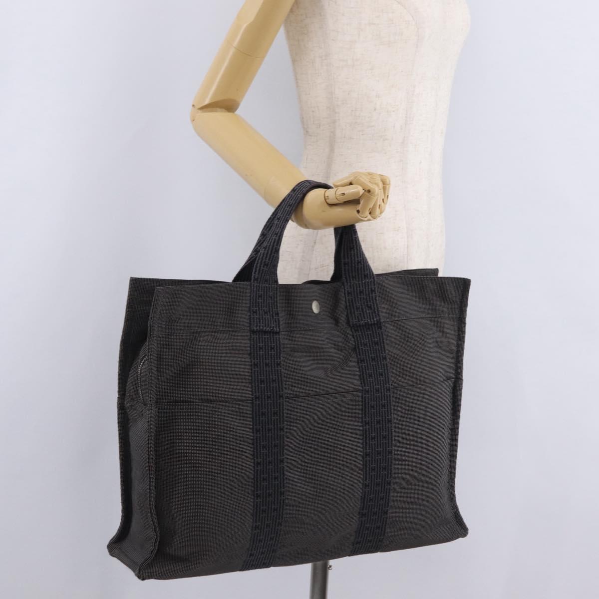 HERMES Her Line MM Hand Bag Canvas Gray Silver Auth 207576A