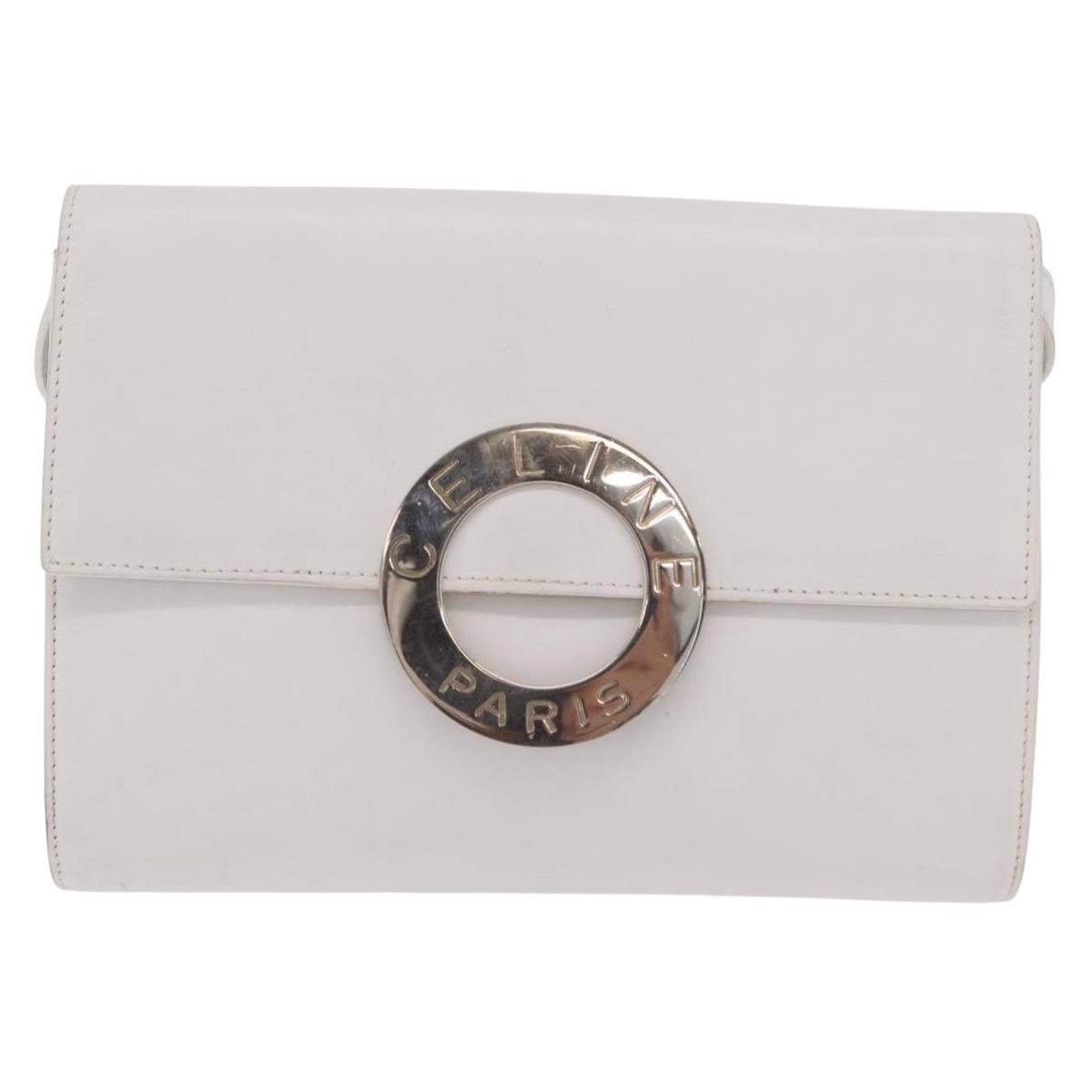 CELINE Circle Shoulder Bag Leather White Silver Auth 207586A