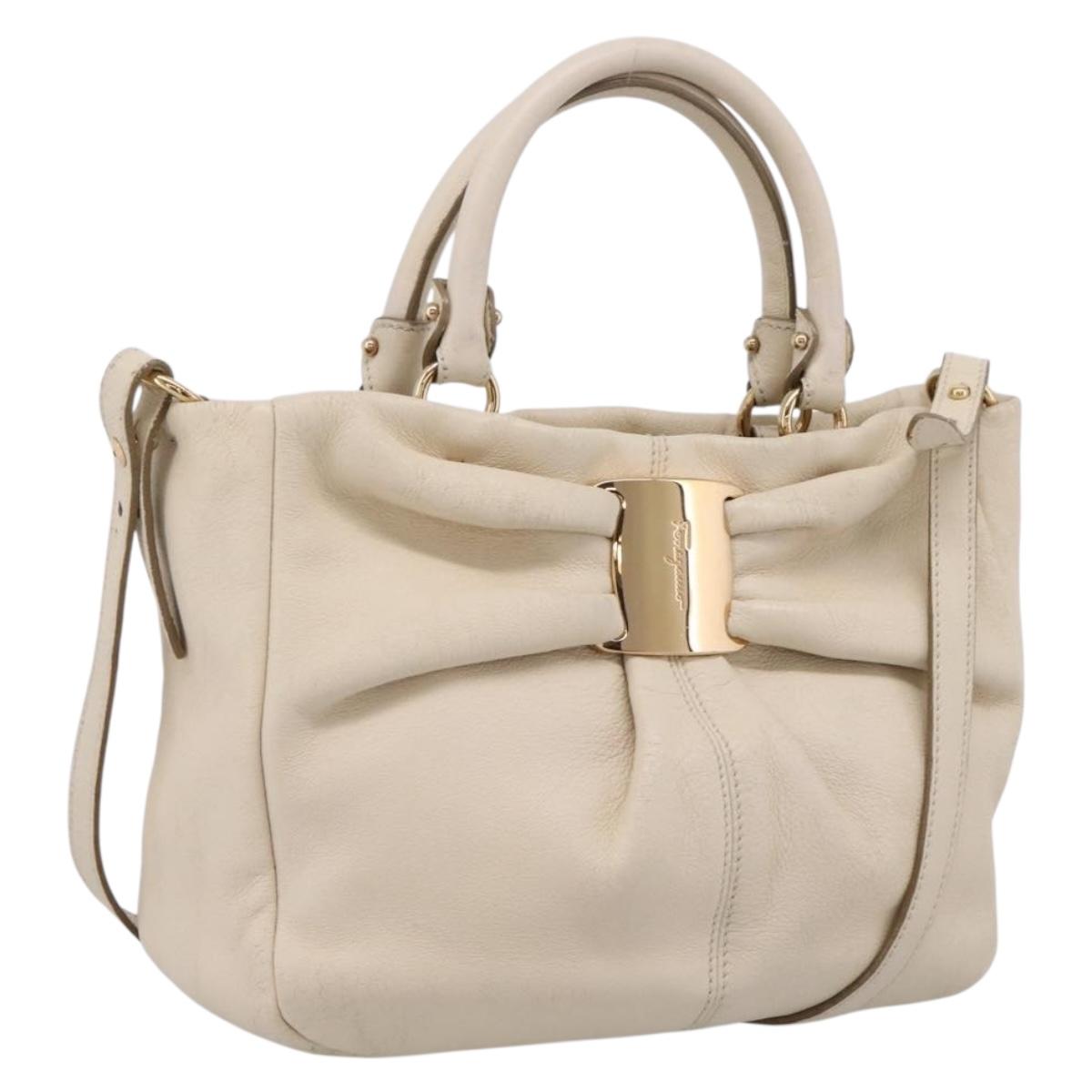 Salvatore Ferragamo Vala Shoulder Bag Leather 2way Ivory Gold Tone Auth 207588