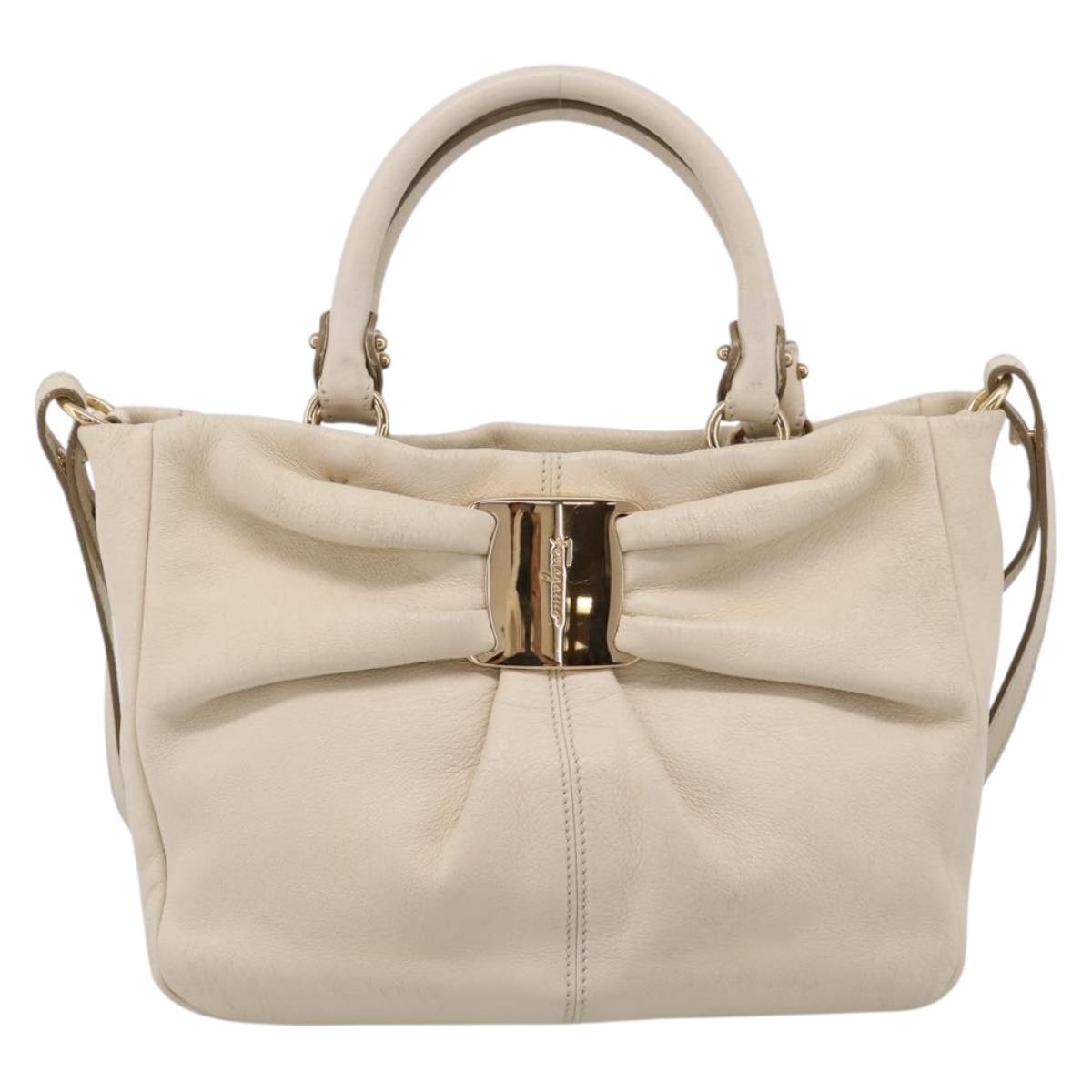 Salvatore Ferragamo Vala Shoulder Bag Leather 2way Ivory Gold Tone Auth 207588