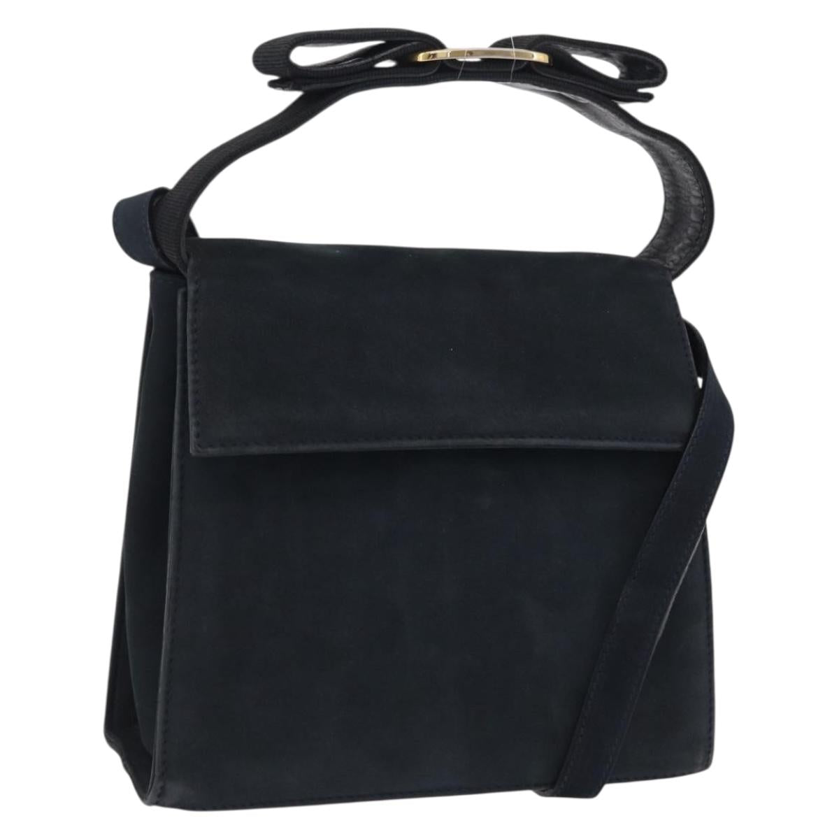 Salvatore Ferragamo Vala Shoulder Bag Suede Navy Gold Tone Auth 207593