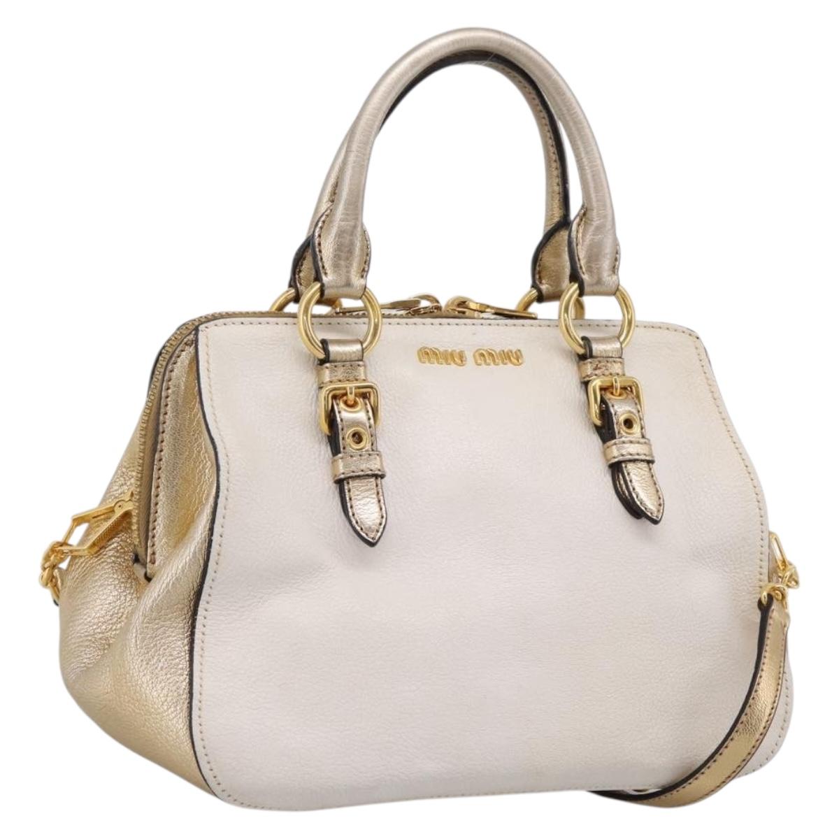 Miu Miu Madras Hand Bag Leather 2way Gold Auth 207611A