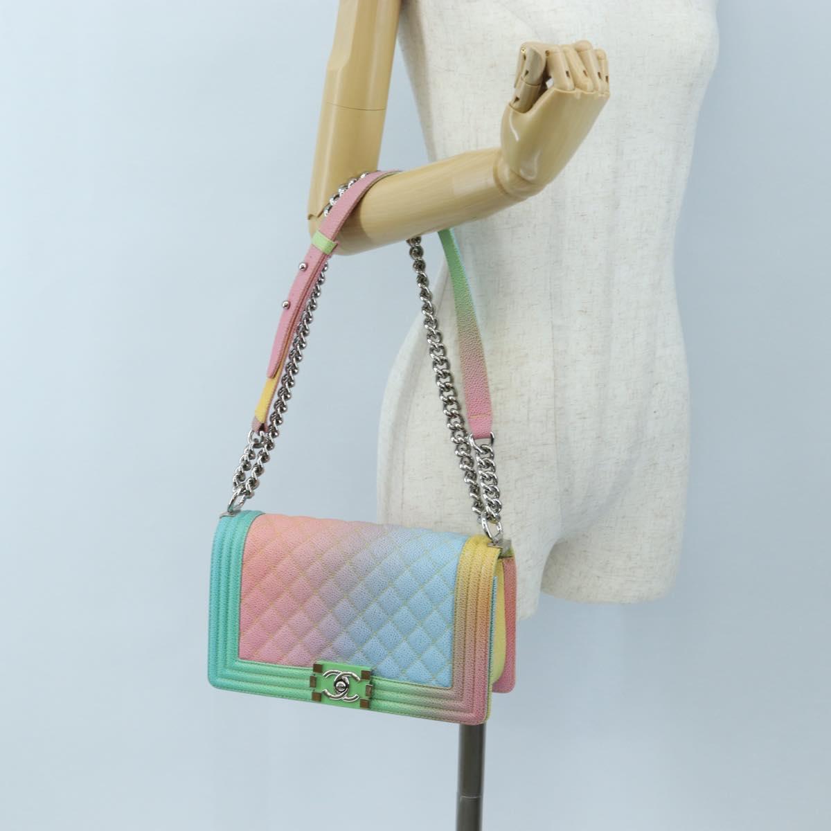 CHANEL Boy chanel Matelasse Chain Bag Caviar Skin Multicolor CC Auth 207613SM