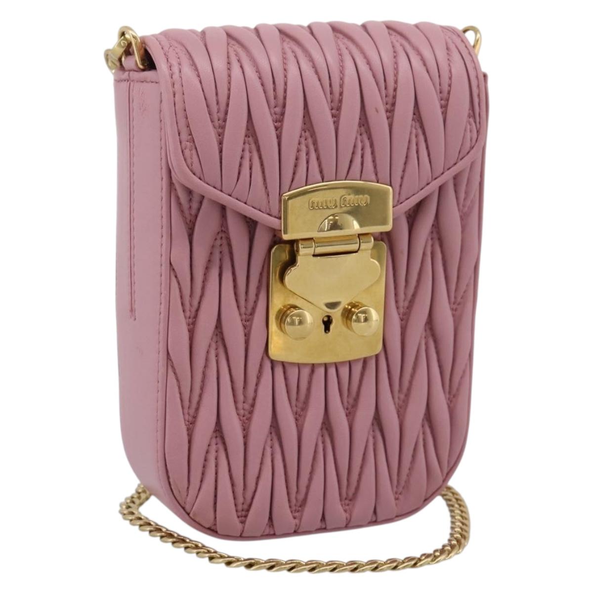 Miu Miu Matelasse Chain Shoulder Bag Leather Pink Gold Auth 207619V