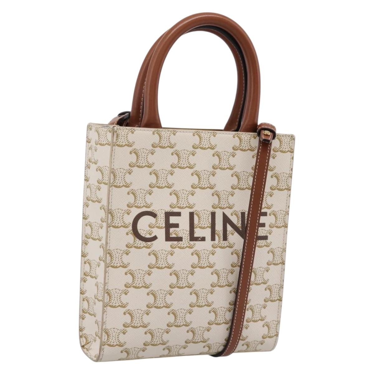 CELINE Triomphe Mini Vertical Cabas Hand Bag PVC 2way White Gold Auth 207623V