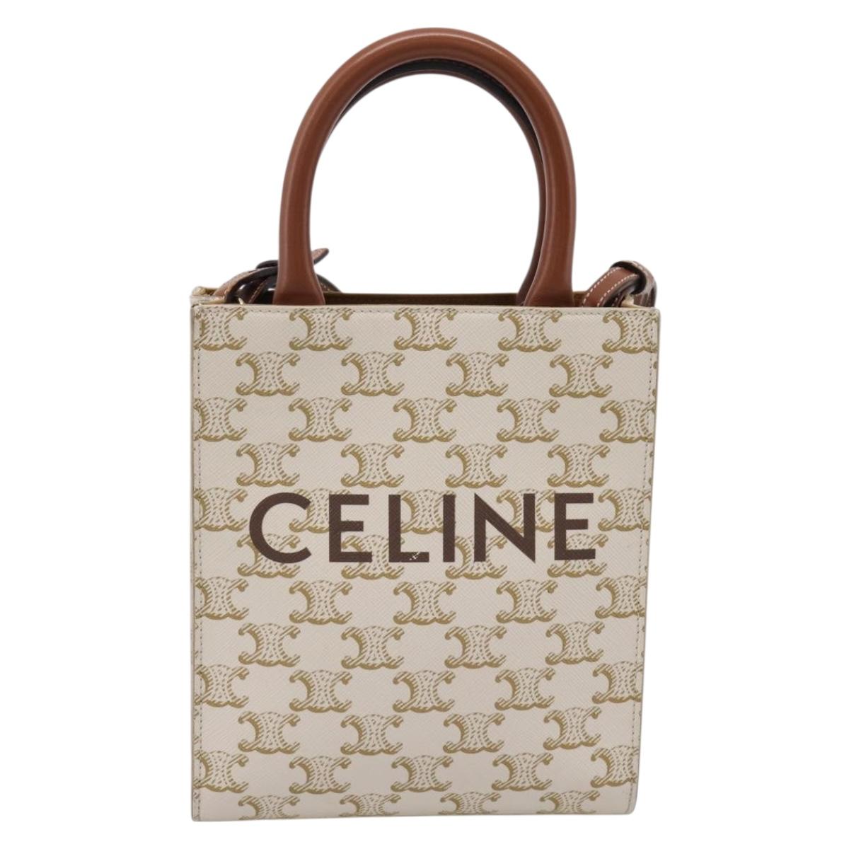 CELINE Triomphe Mini Vertical Cabas Hand Bag PVC 2way White Gold Auth 207623V