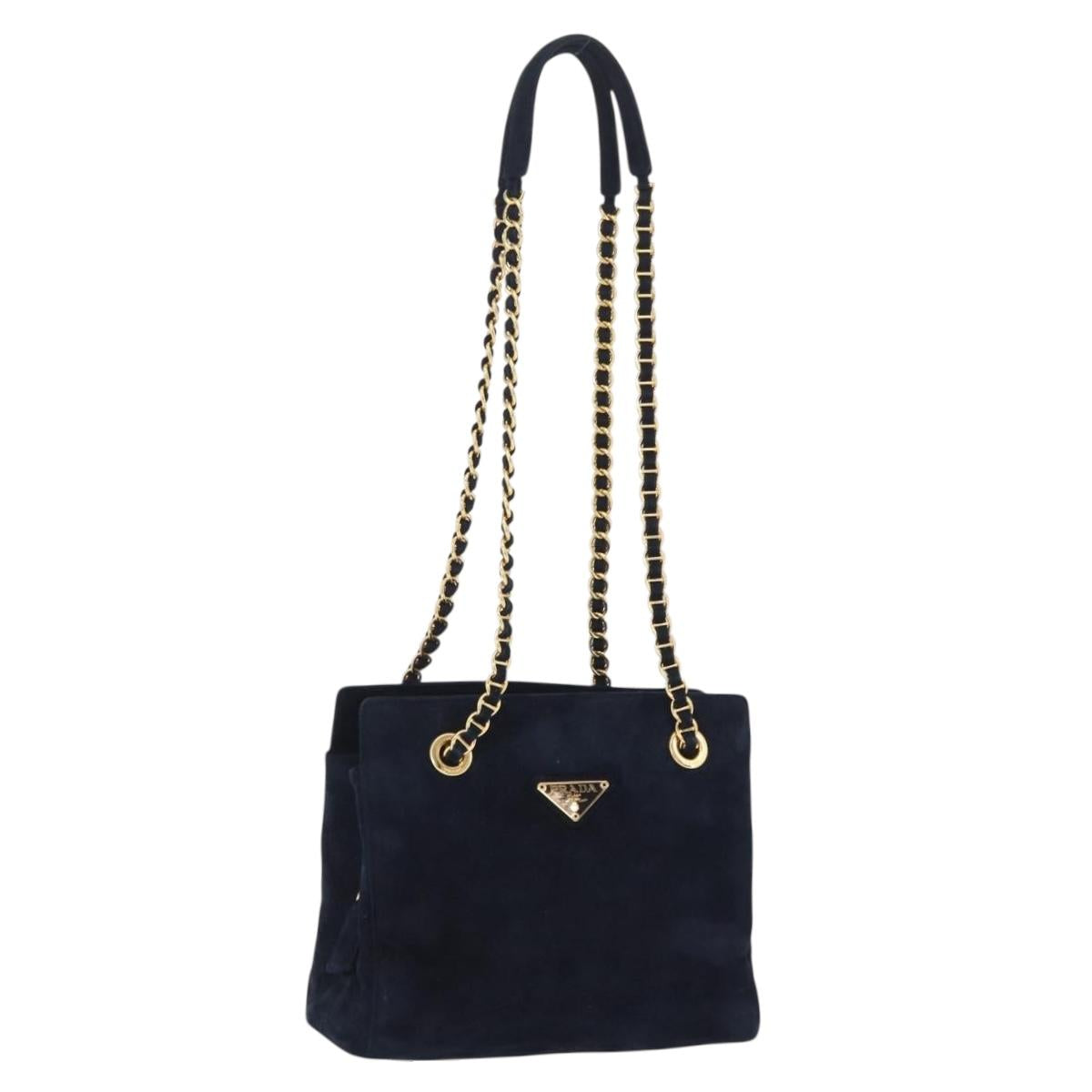 PRADA Chain Shoulder Tote Bag Suede Navy Gold Auth 207632V