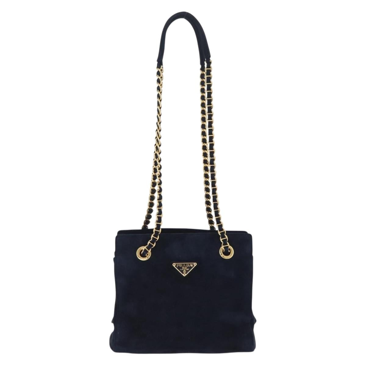 PRADA Chain Shoulder Tote Bag Suede Navy Gold Auth 207632V