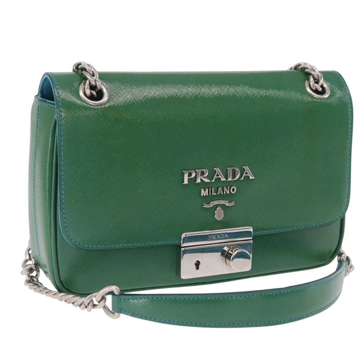 PRADA Chain Shoulder Bag Safiano Leather Green Silver Auth 207634V