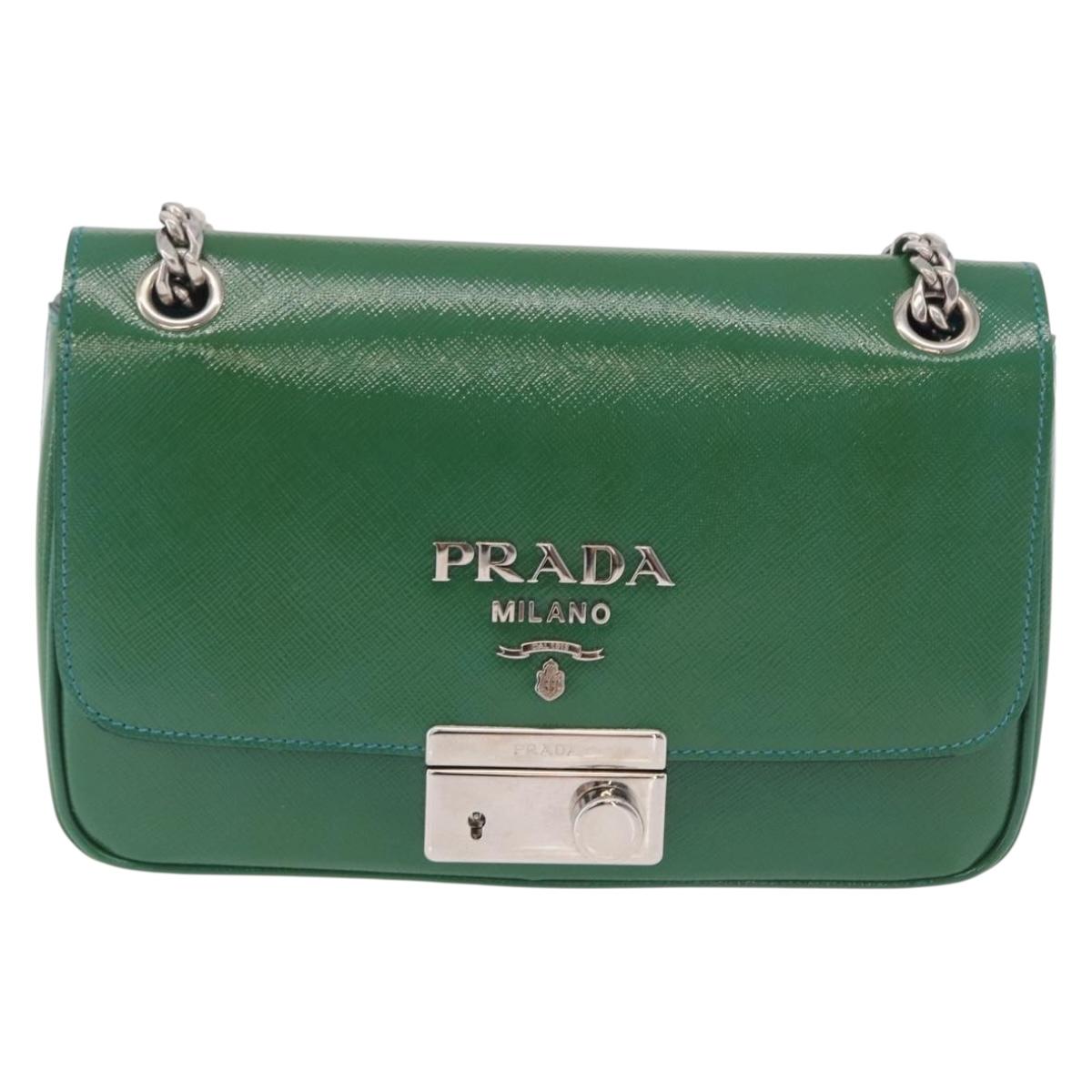 PRADA Chain Shoulder Bag Safiano Leather Green Silver Auth 207634V