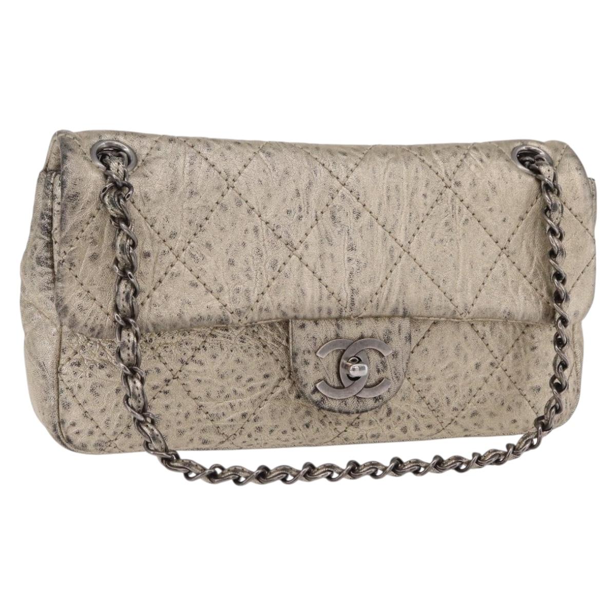 CHANEL Chain Le Marais Shoulder Bag Leather Gold Silver CC Auth 207655SAV