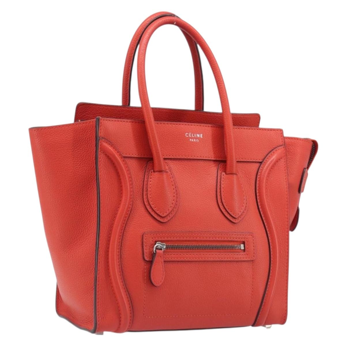 CELINE Luggage Micro Shopper Hand Bag Leather Red Silver Auth 207671V