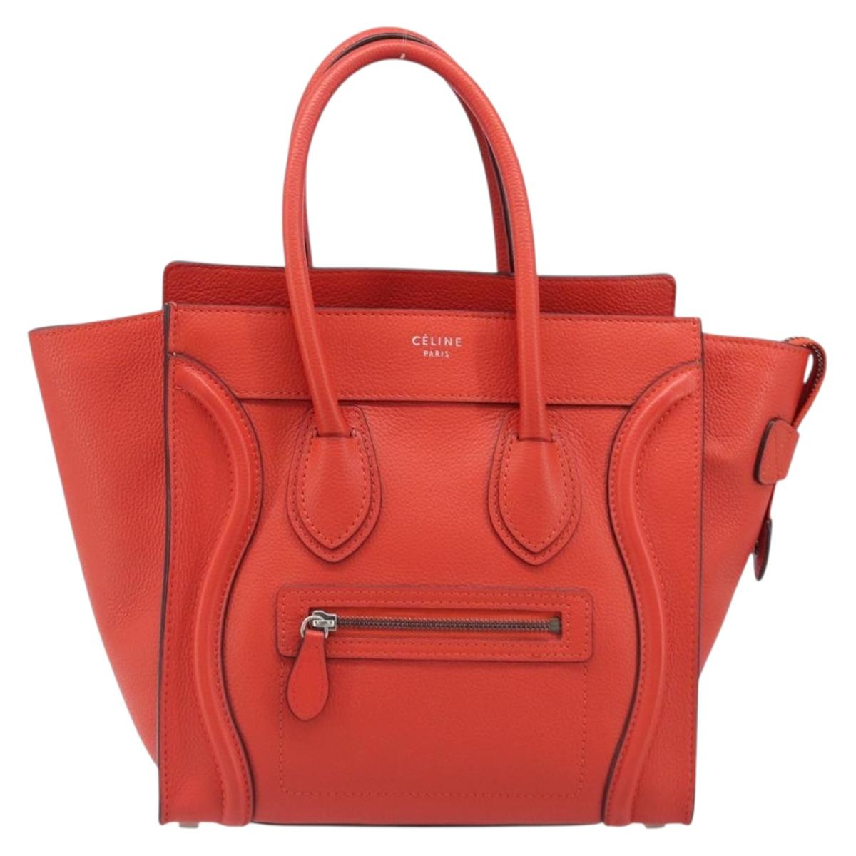 CELINE Luggage Micro Shopper Hand Bag Leather Red Silver Auth 207671V