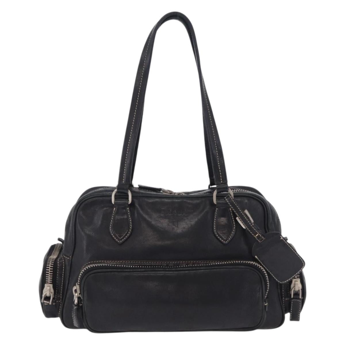 PRADA Hand Bag Leather Black Silver Auth 207680