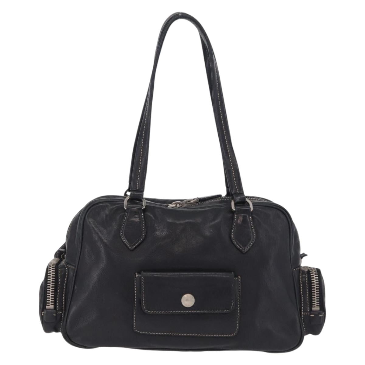 PRADA Hand Bag Leather Black Silver Auth 207680