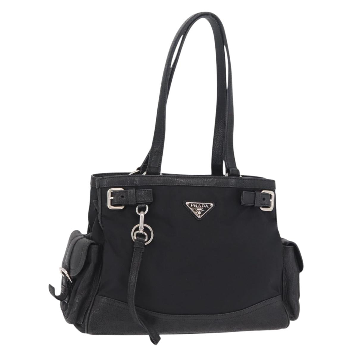 PRADA Tote Bag Nylon Black Silver Auth 207682
