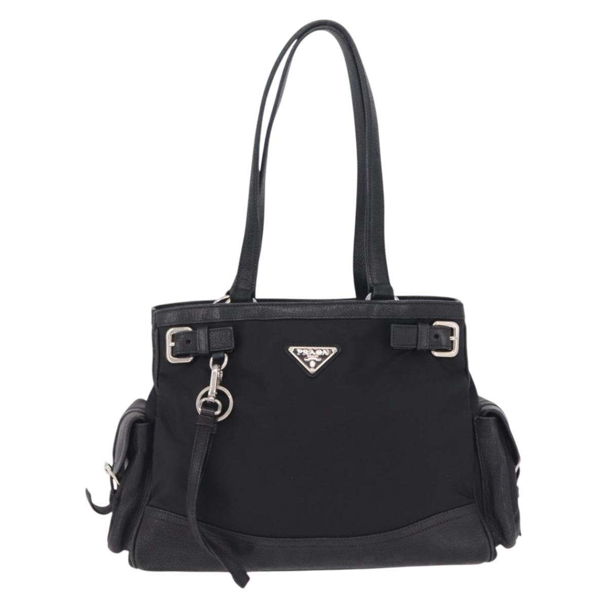 PRADA Tote Bag Nylon Black Silver Auth 207682