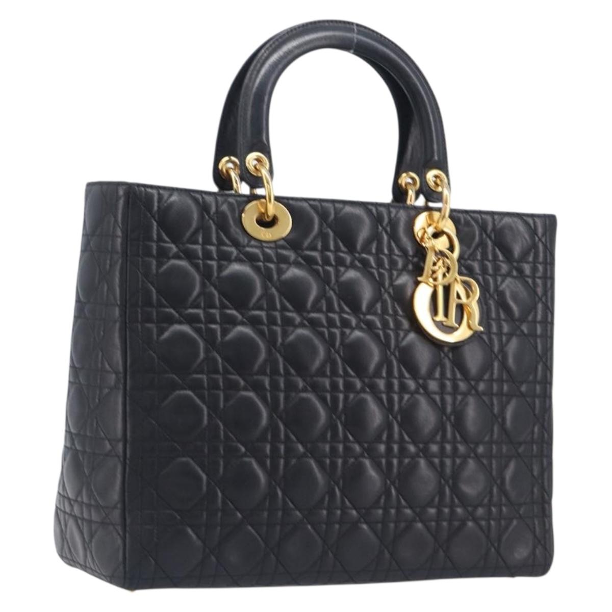 Christian Dior Cannage Lady Dior Large Hand Bag Lamb Skin Black Auth 207683V