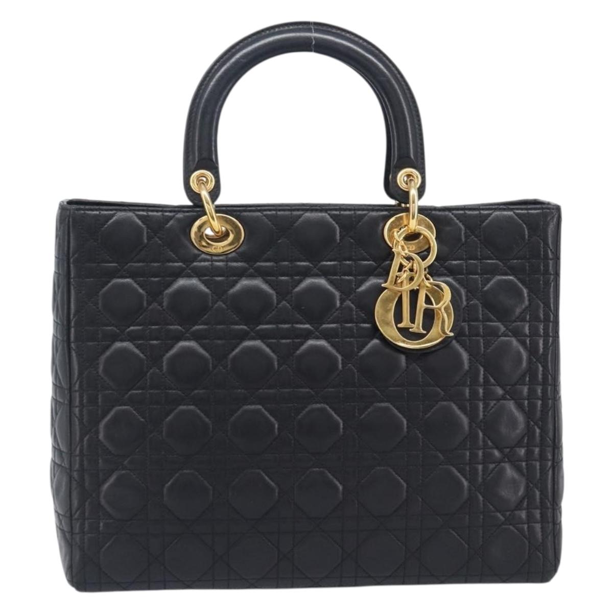 Christian Dior Cannage Lady Dior Large Hand Bag Lamb Skin Black Auth 207683V