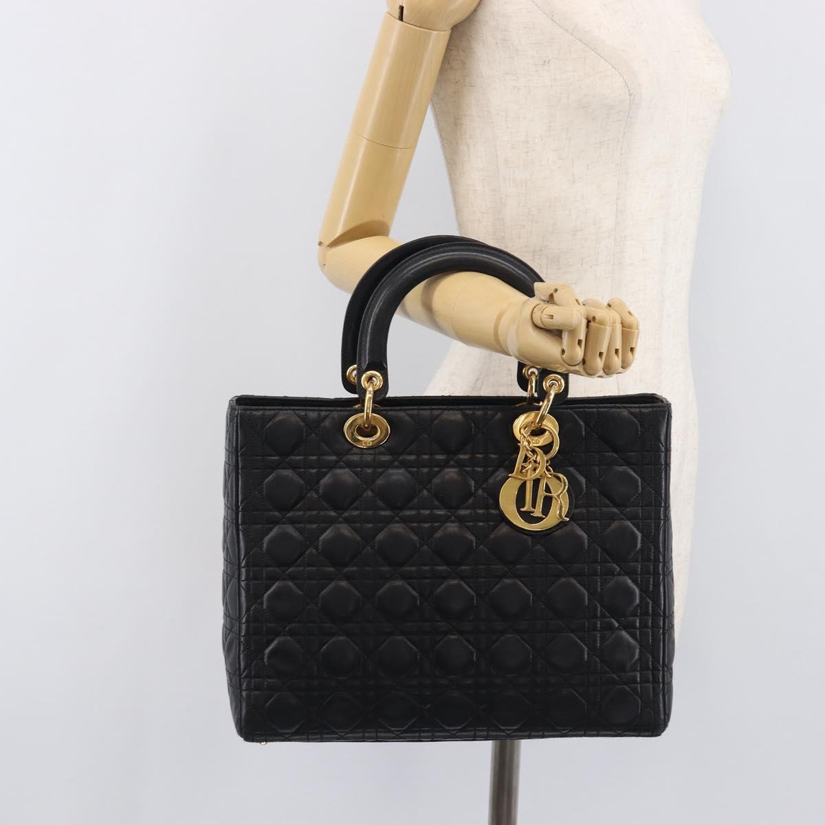 Christian Dior Cannage Lady Dior Large Hand Bag Lamb Skin Black Auth 207683V