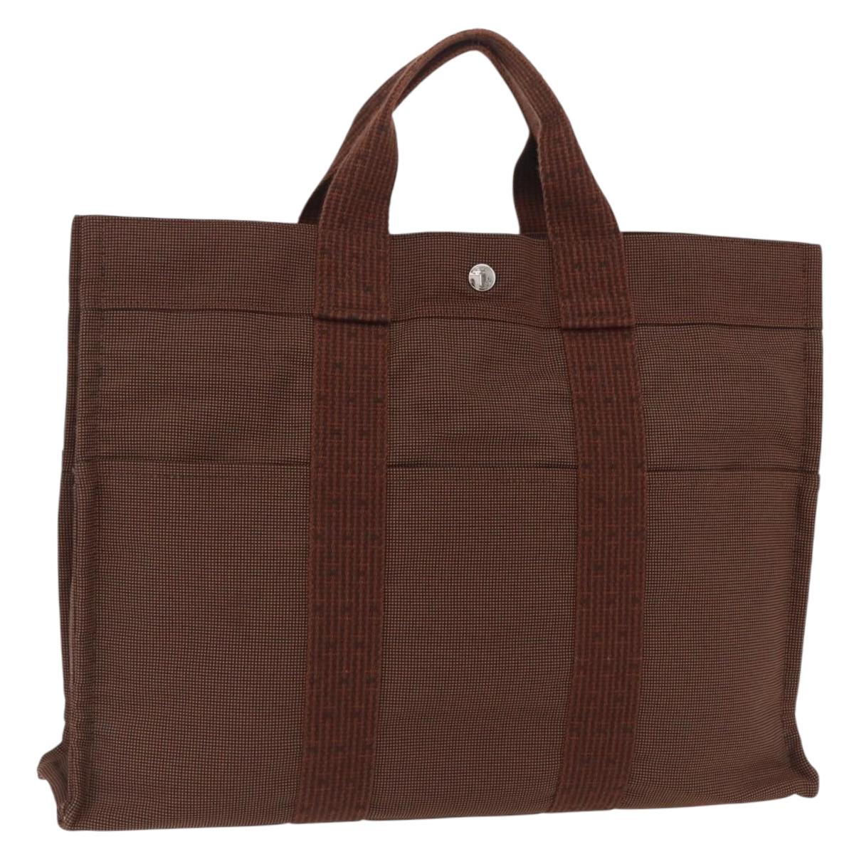 HERMES Her Line MM Hand Bag Canvas Brown Silver Auth 207690A