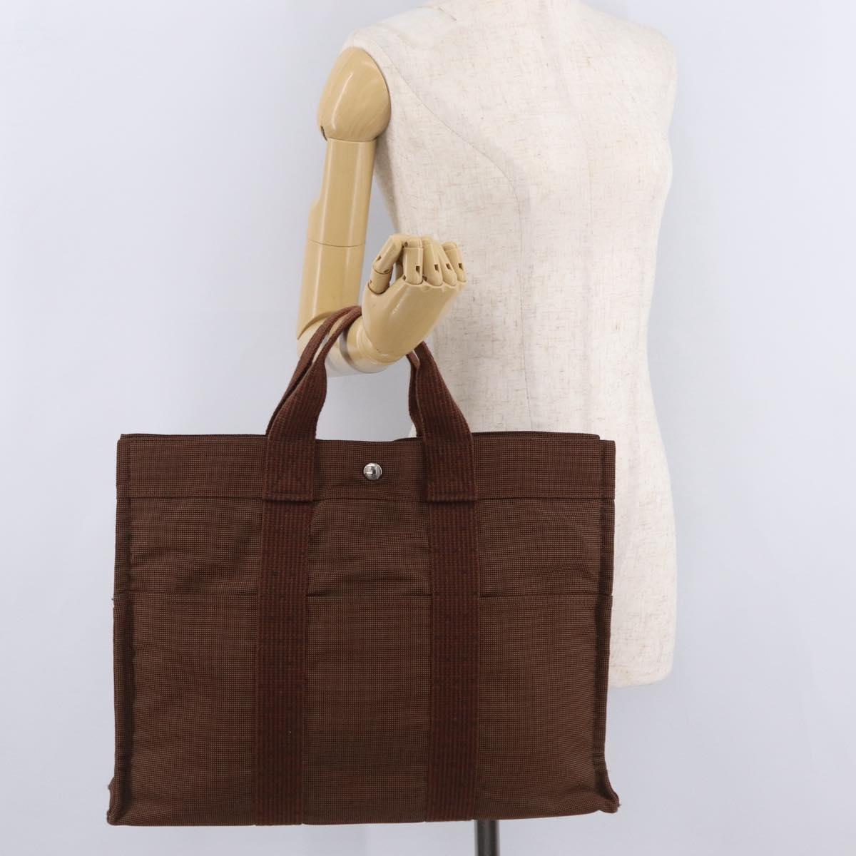 HERMES Her Line MM Hand Bag Canvas Brown Silver Auth 207690A