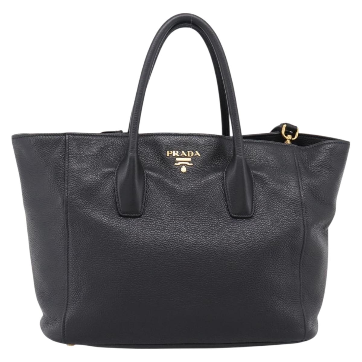 PRADA Hand Bag Leather 2way Black Gold Tone Auth 207702V