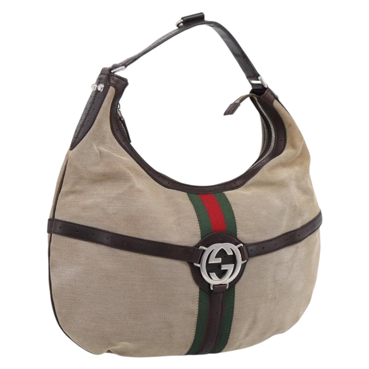 GUCCI Interlocking G Shoulder Bag Canvas Beige Silver 114871 Auth 207703