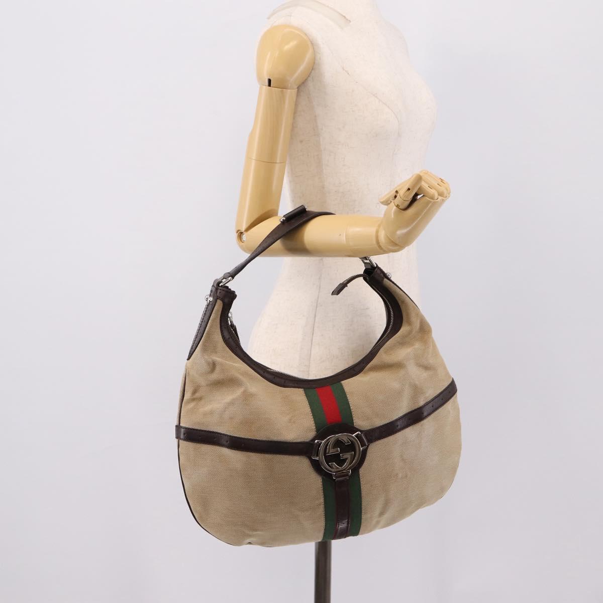 GUCCI Interlocking G Shoulder Bag Canvas Beige Silver 114871 Auth 207703