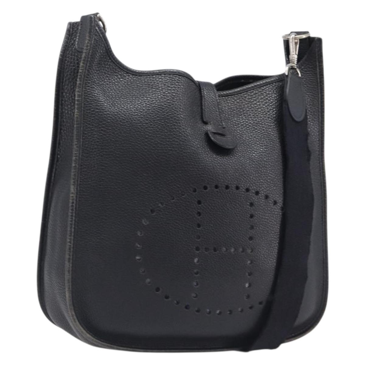 HERMES Evelyn PM Shoulder Bag Leather Black Silver Auth 207708
