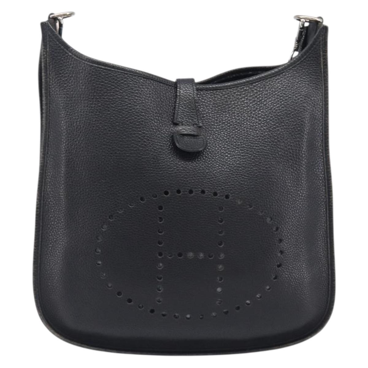 HERMES Evelyn PM Shoulder Bag Leather Black Silver Auth 207708