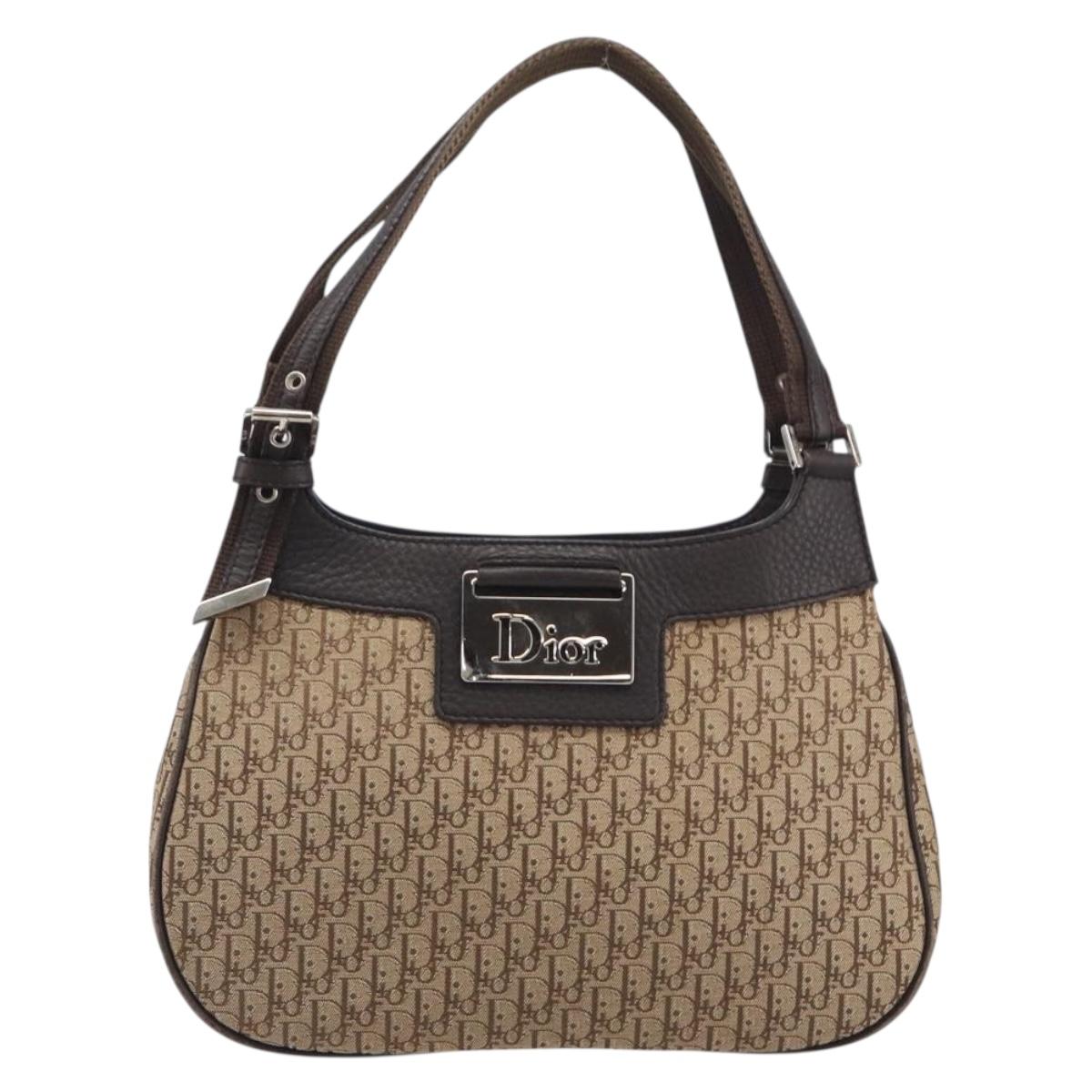 Christian Dior Trotter Canvas Hand Bag Brown Silver Auth 207724V