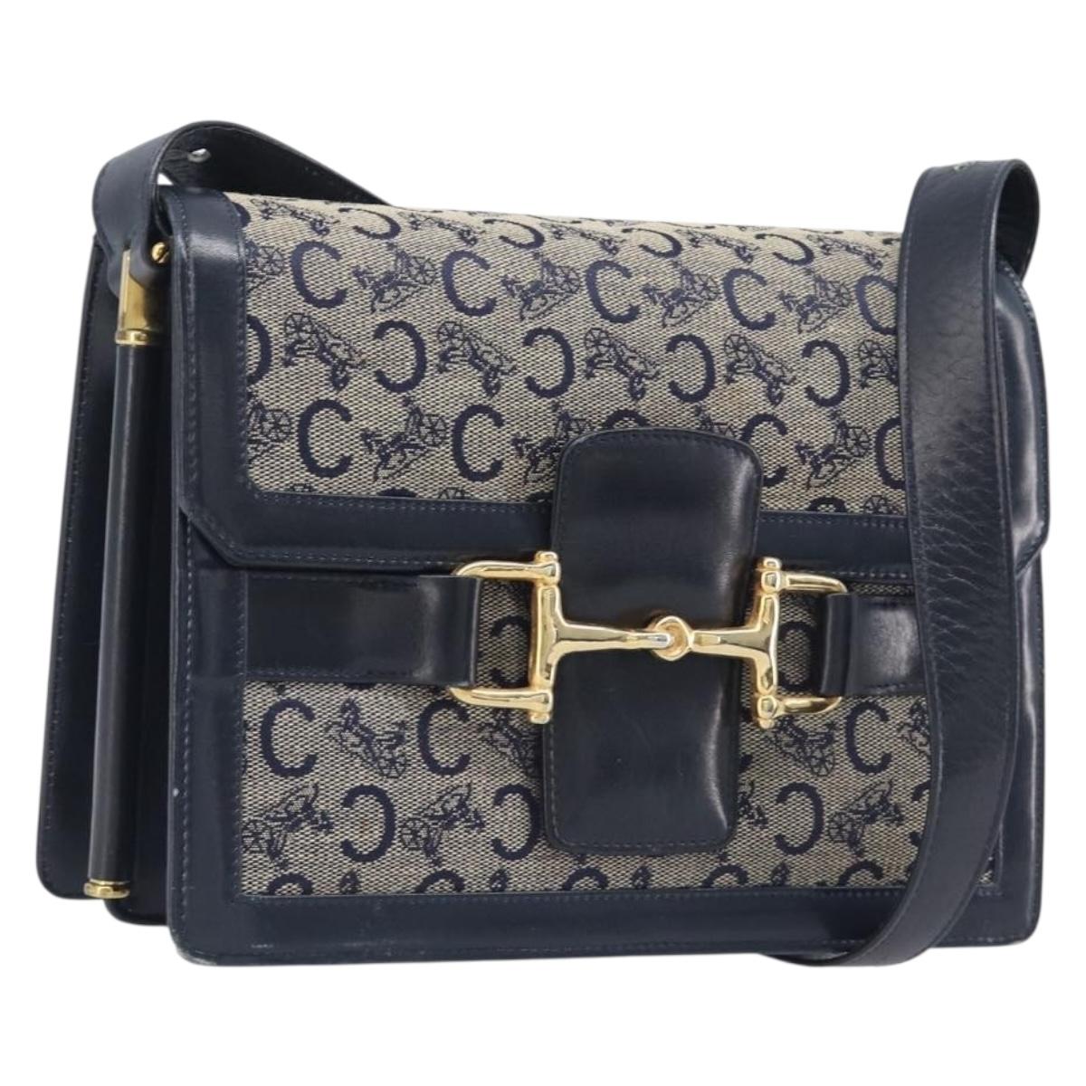CELINE C Saluki Shoulder Bag Canvas Navy Gold Tone Auth 207727