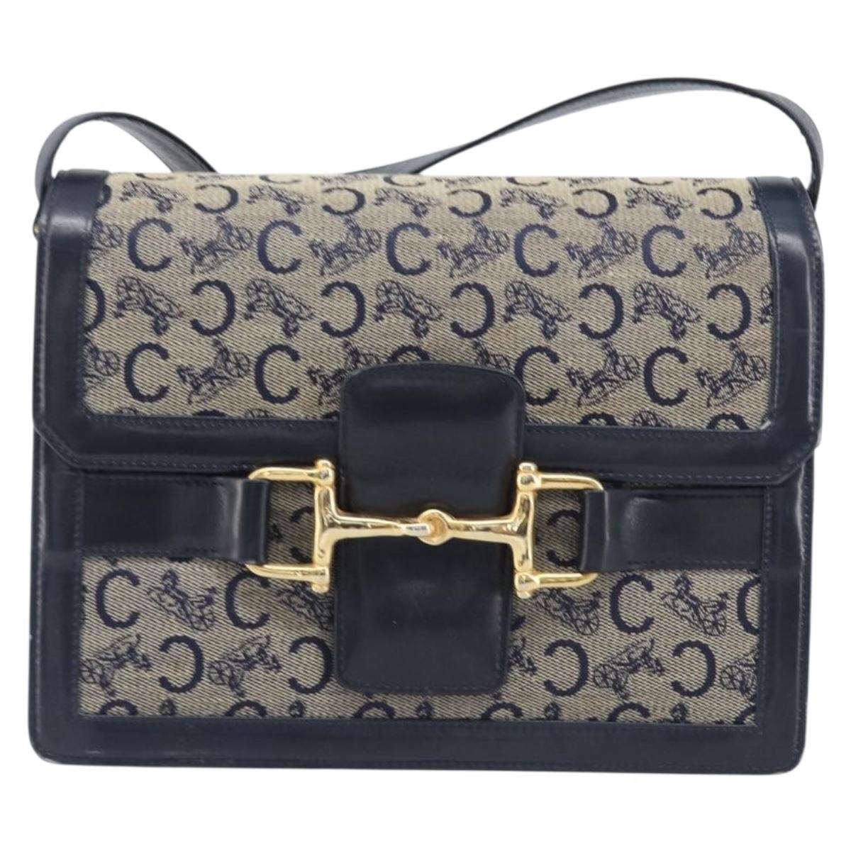 CELINE C Saluki Shoulder Bag Canvas Navy Gold Tone Auth 207727