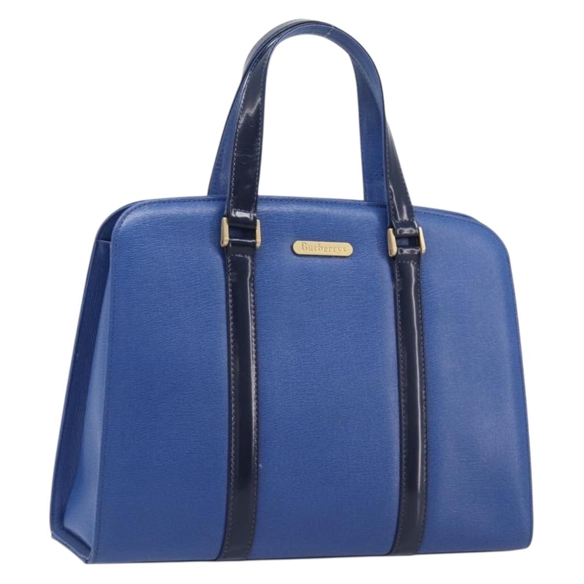 Burberrys Hand Bag Leather Blue Gold Tone Auth 207743