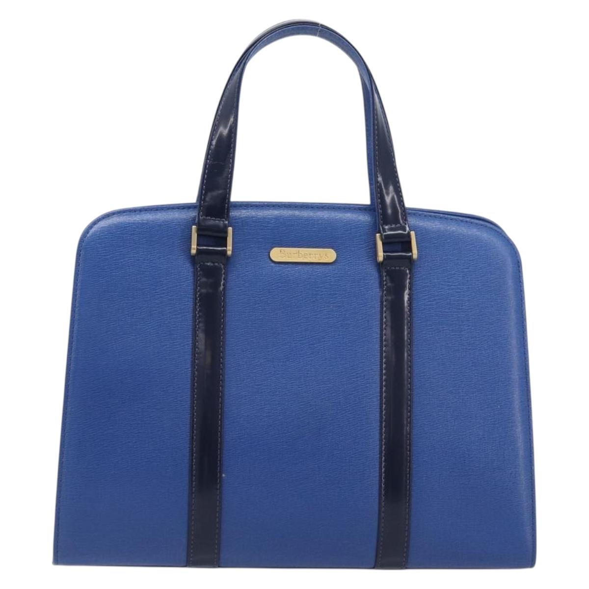 Burberrys Hand Bag Leather Blue Gold Tone Auth 207743